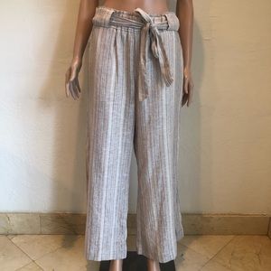 Indigo Rein Tan/Brown Stripes Linen Blend Pants Women’s Size L Wide-Leg Relaxed